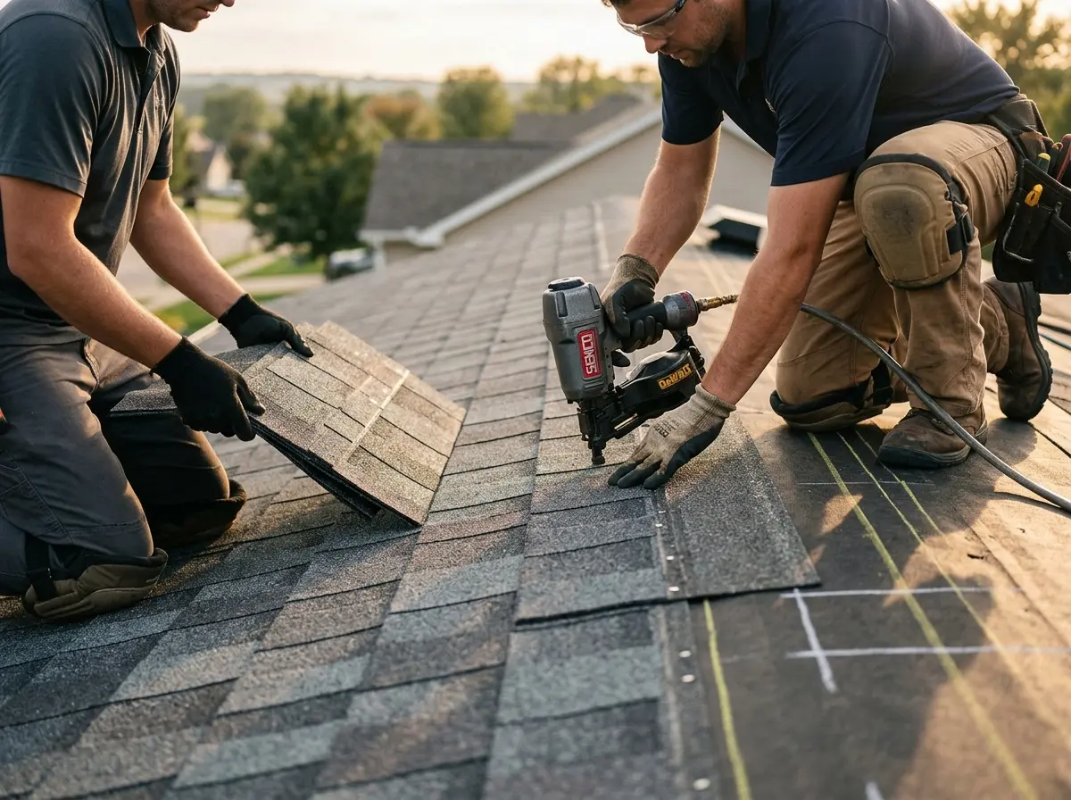 Professional roofer working on a residential roof in Hickam Housing